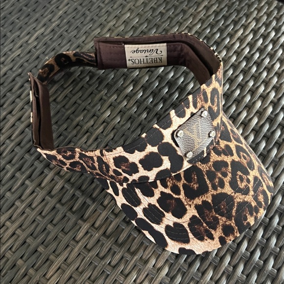Leopard visor with authentic LV leather patch on front with rhinestones. - Picture 2 of 5